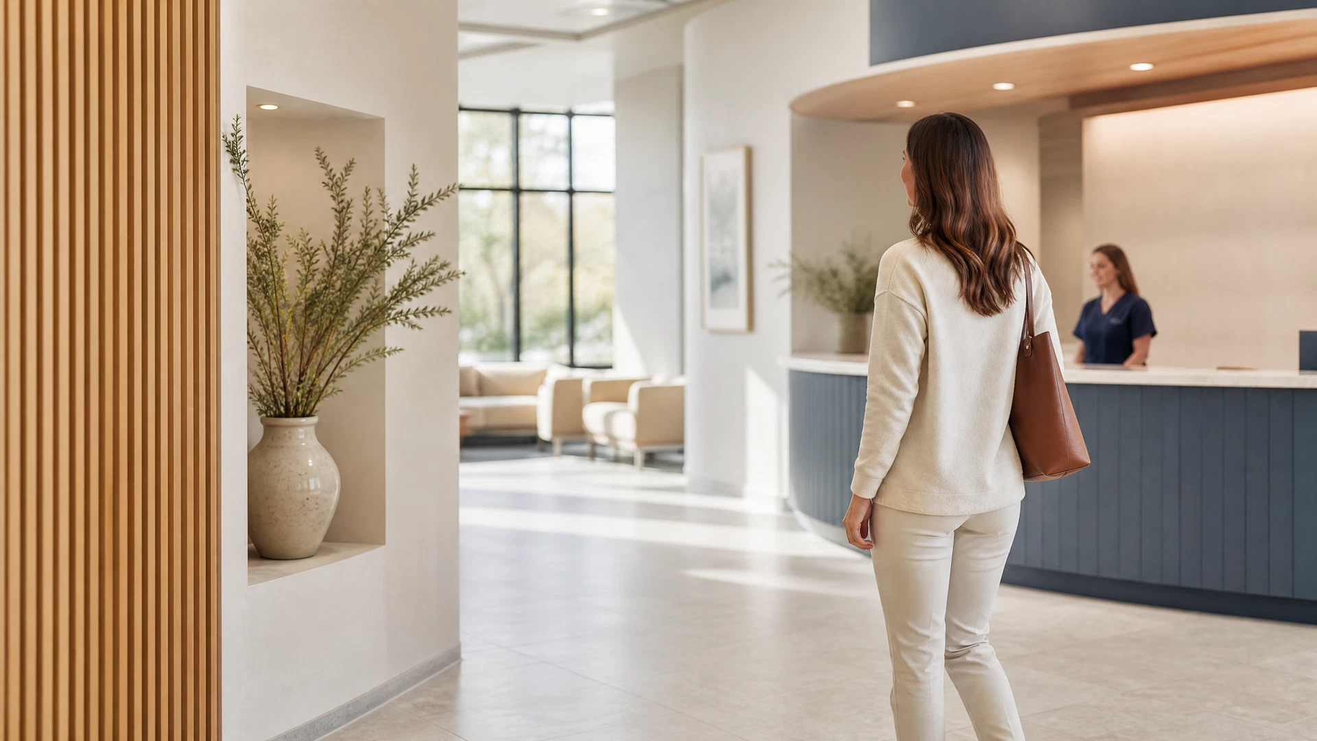 A calm arrival moment inside a modern outpatient care setting