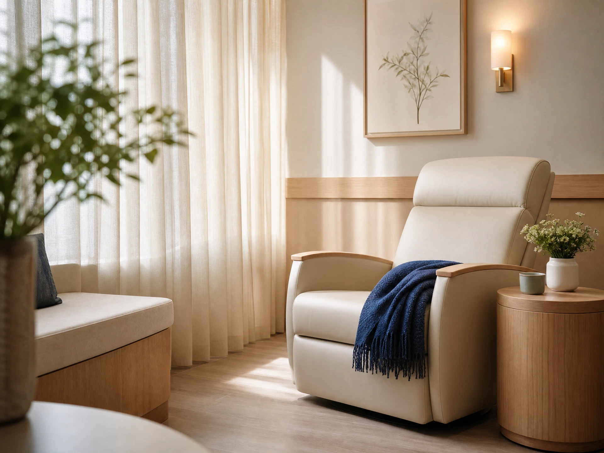 A quiet, warm recovery suite designed for comfort